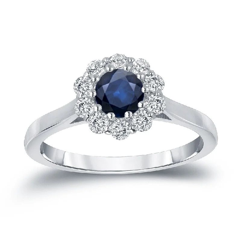 frond diamond ring-Auriya 14k Gold 1/2ct Blue Sapphire and 1/3ctw Halo Diamond Engagement Ring