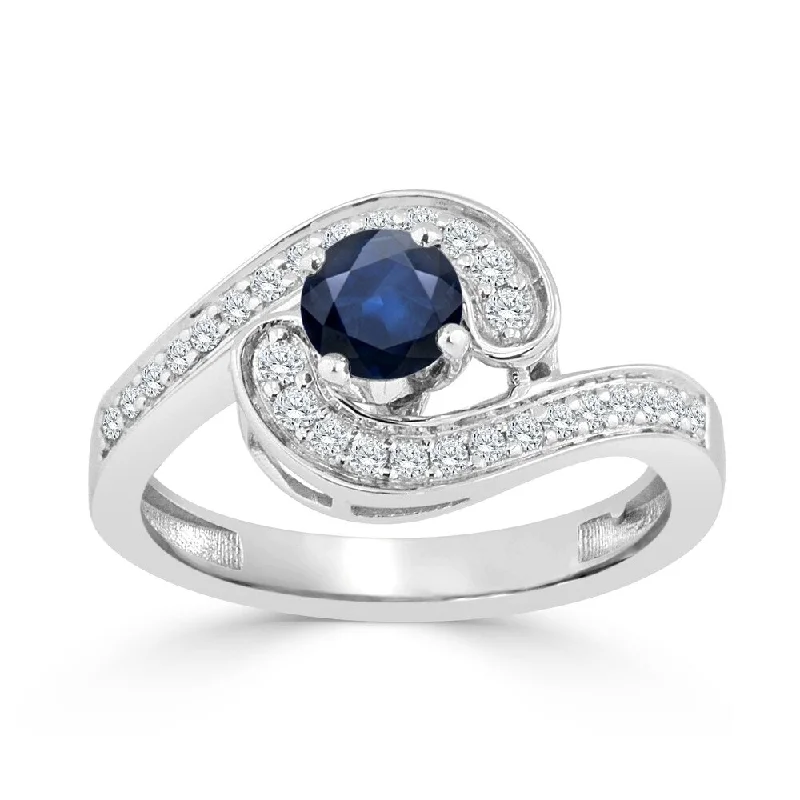 vintage pearl ring-Auriya 14k Gold 1/2ct Modern Blue Sapphire Bypass Halo Diamond Engagement Ring 1/4ctw