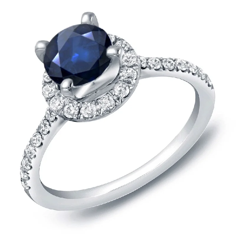 bendable friendship ring-Auriya 14k Gold 1ct Blue Sapphire and Diamond Halo Engagement Ring 1/2ctw