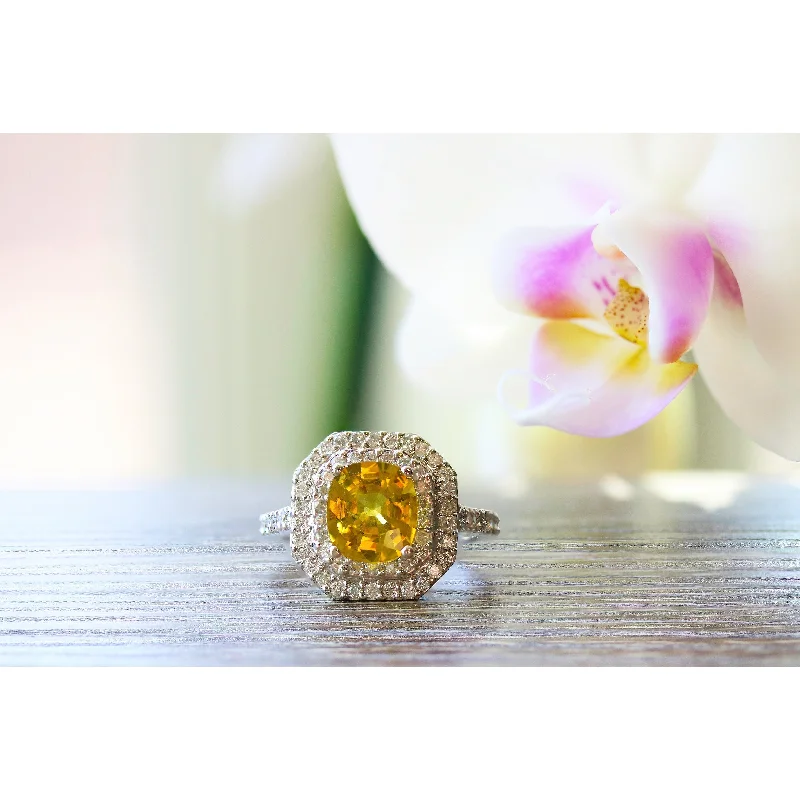 luxurious cocktail ring-Auriya 14k Gold 2ct Yellow Cushion-Cut Sapphire and 3/4ctw Halo Diamond Engagement Ring