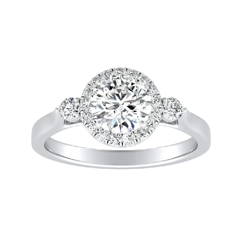 ten-gem ring-Auriya 14k Gold 3-Stone 4ct Round Moissanite and 1/4ct TDW Diamond Halo Engagement Ring