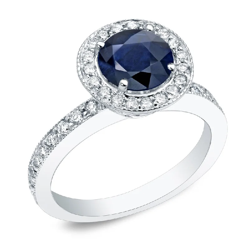 stamped letter ring-Auriya 14k Gold Round 1/2ct Blue Sapphire and 1/2ctw Diamond Halo Engagement Ring