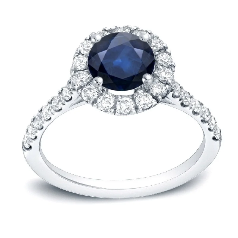 braided silver ring-Auriya 14k Gold Round 1ct Blue Sapphire and 1/2ct Halo Diamond Engagement Ring