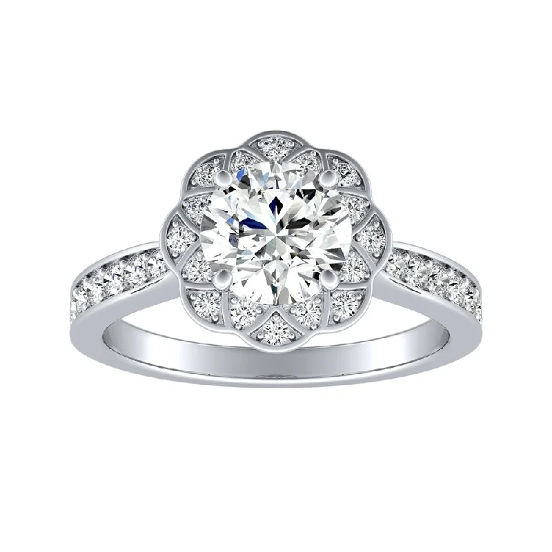 retro-style ring-Auriya 14k Gold Vintage 2 1/2ct Round Moissanite and 1/3ctw Halo Diamond Engagement Ring