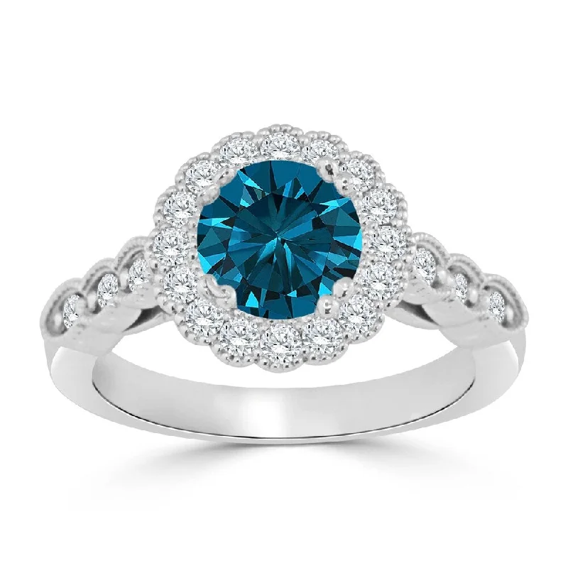 urban bolt ring-Auriya 14k Gold Vintage Inspired 1 1/2ct TDW Round Blue Diamond Floral Halo Engagement Ring