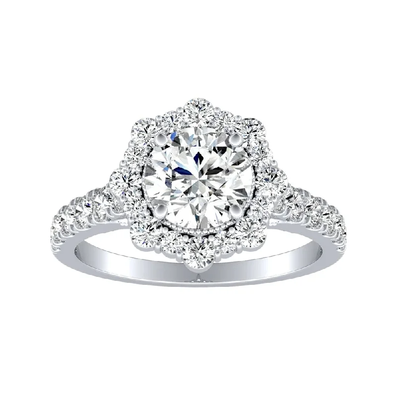 frond diamond ring-Auriya 14k Gold Vintage Round 2 1/2ct Moissanite and 3/4ctw Halo Diamond Engagement Ring