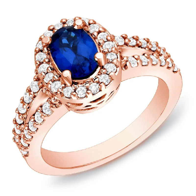 wanderlust chic ring-Auriya 14k Rose Gold 1ct Modern Oval Blue Sapphire Halo Diamond Engagement Ring 3/5ctw (H-I, SI1-SI2)