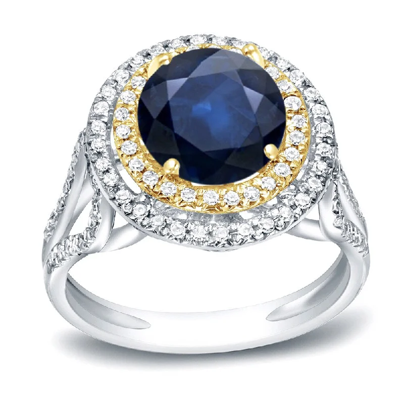 uncut sapphire ring-Auriya 14k Two-tone Gold 1 1/4ct Unique Blue Sapphire Halo Diamond Engagement Ring 1/2ctw