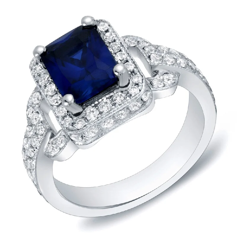 retro amethyst ring-Auriya 1ct Radiant Blue Sapphire and 1ctw Halo Diamond Engagement Ring 14k Gold