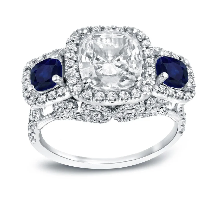 retro-style ring-Auriya 1ct Sapphire and 4ctw 3 Stone Halo Cushion Cut Diamond Engagement Ring 18k White Gold