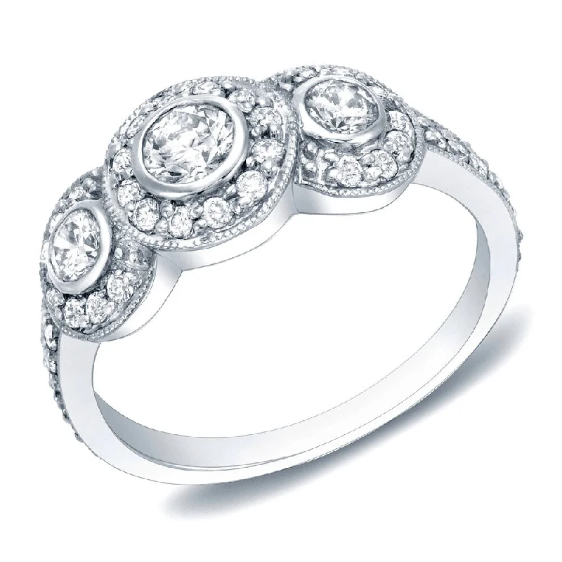 rose gold arc ring-Auriya 1ct TDW Round 3-Stone Bezel Diamond Halo Engagement Ring 14k White Gold (H-I, SI1-SI2)