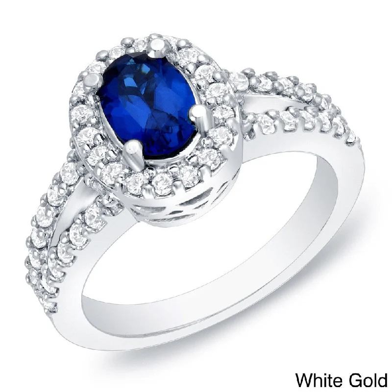 ten-gem ring-Auriya 1ct TDW Sapphire Oval and 3/5ct TDW Diamond Halo Engagement Ring 14k Gold