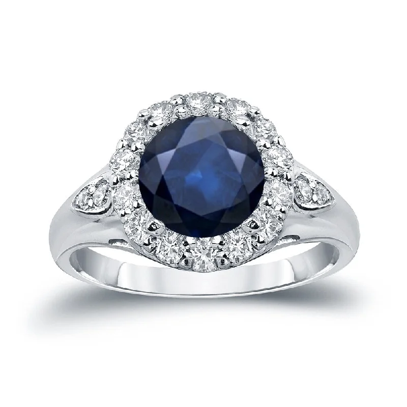 frond diamond ring-Auriya 2 1/2ct Blue Sapphire and 7/8ctw Halo Diamond Engagement Ring 14k Gold