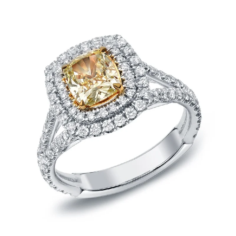 regency emerald stack ring-Auriya 2ctw Cushion-cut Fancy Yellow Diamond Engagement Ring 18k Gold Certified (F-G, VS2-SI1)