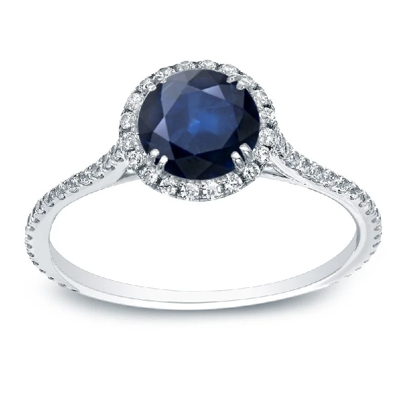 frond eternity ring-Auriya 3/4ct Blue Sapphire and 3/4ctw Halo Diamond Engagement Ring Platinum