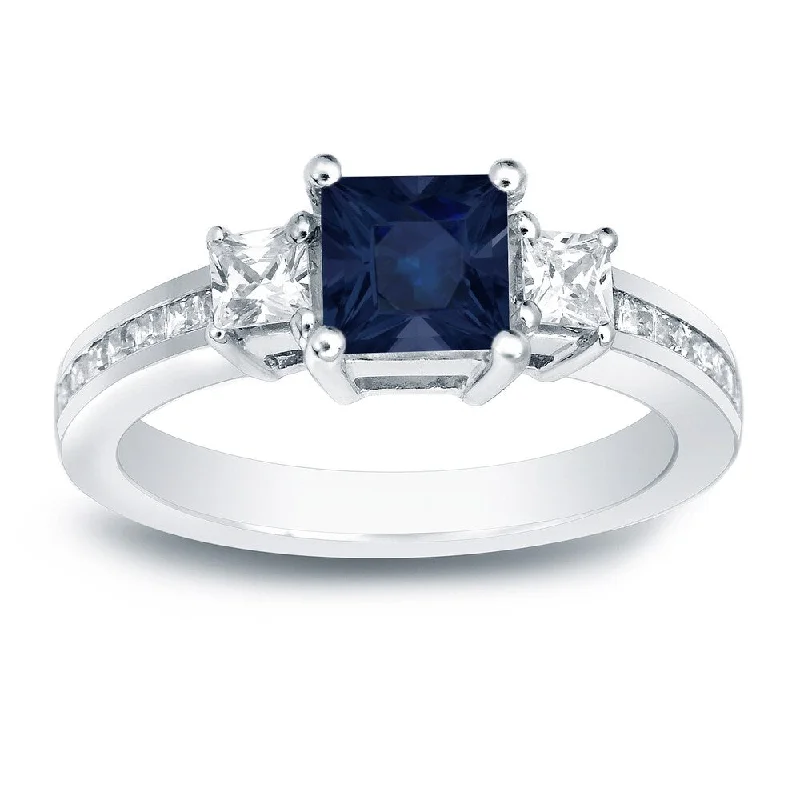 retro-style band ring-Auriya 3/4ct Princess Cut Blue Sapphire and 3/4ctw 3 Stone Diamond Engagement Ring Platinum