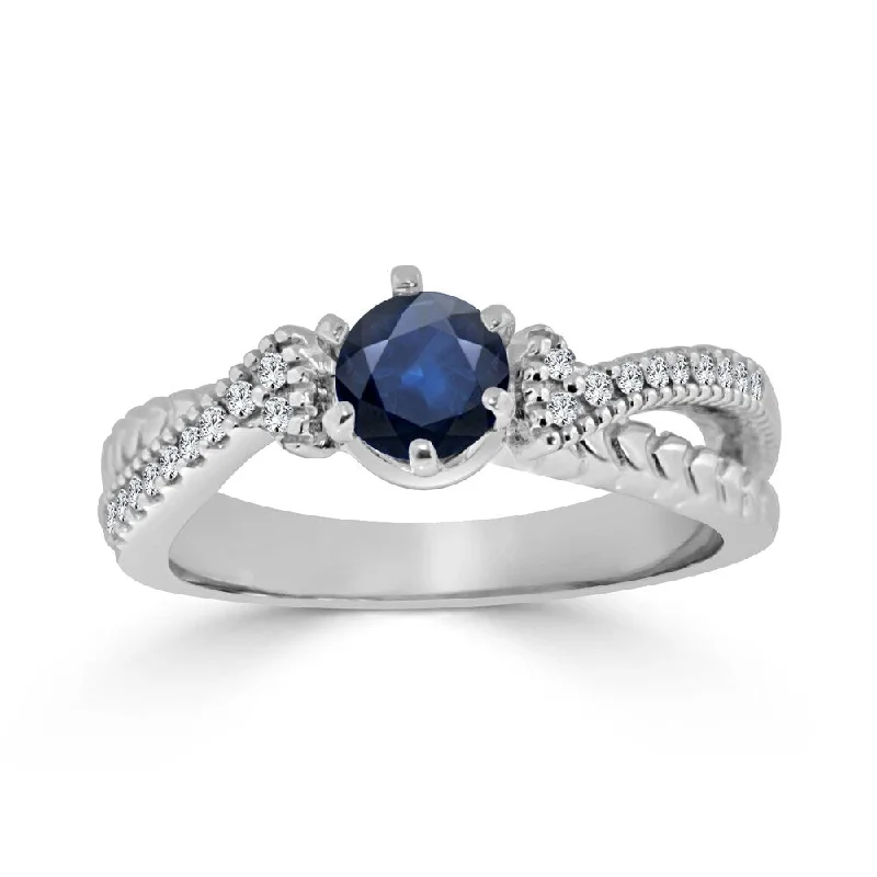 thin promise ring-Auriya Carved Split Shank 2/5ct Blue Sapphire and 1/6ctw Diamond Engagement Ring 14K Gold