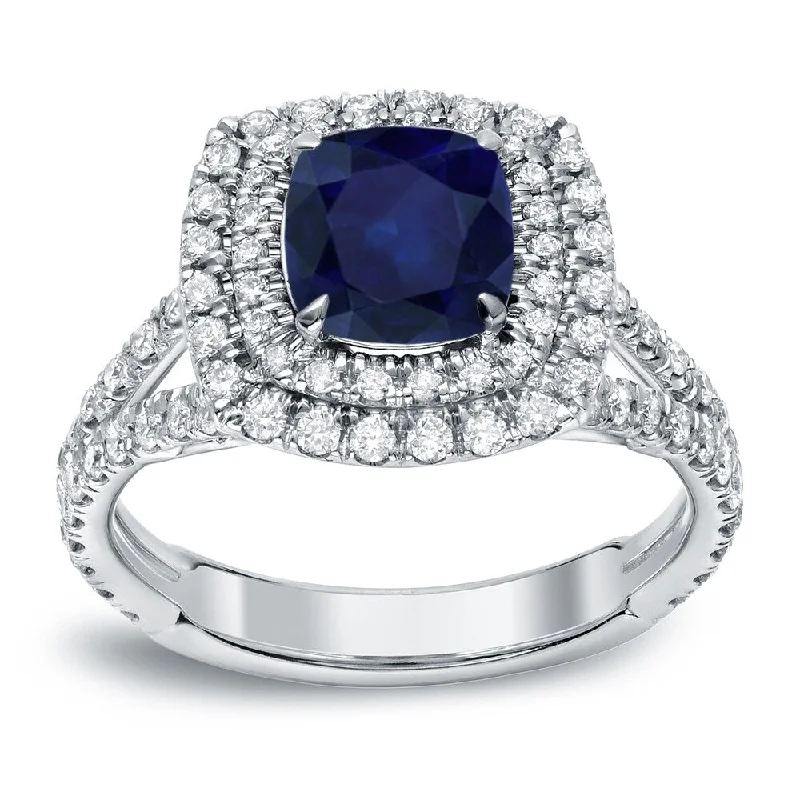 retro turquoise ring-Auriya Cushion-Cut 1 1/4ct Sapphire and 1ct TDW Halo Diamond Engagement Ring 18k White Gold