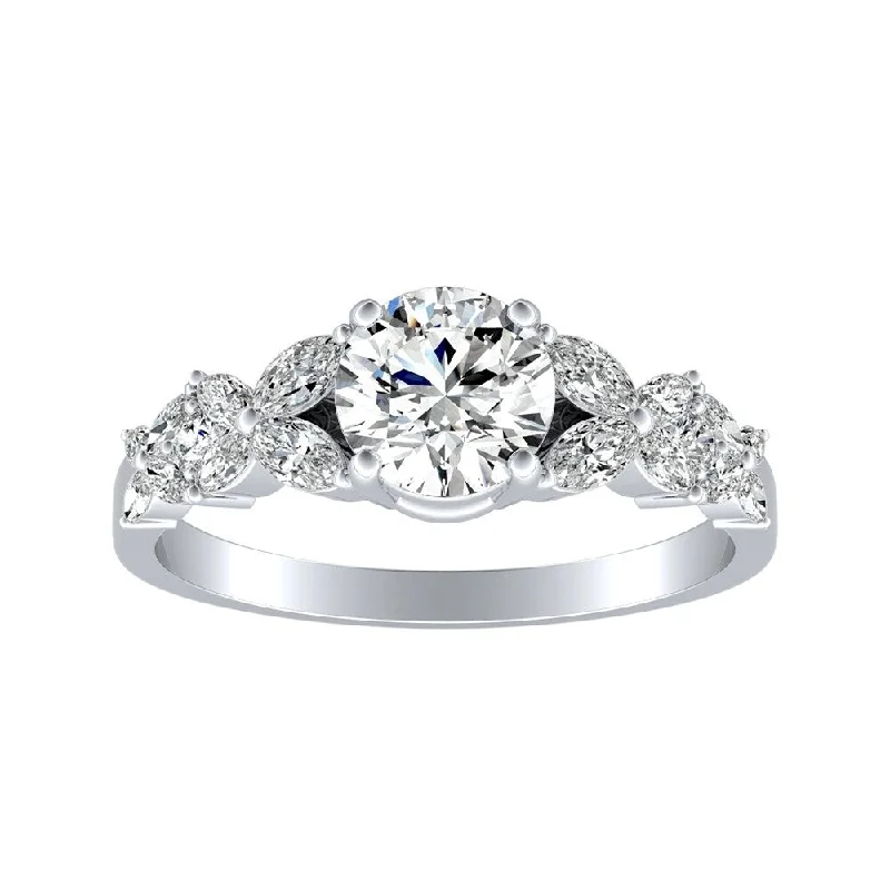 chiseled silver band ring-Auriya Floral Vintage 1ct Moissanite and 1/3ctw Diamond Engagement Ring 14K Gold