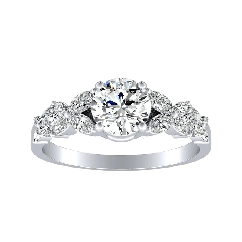 flow-shaped band ring-Auriya Floral Vintage 3/4ct Moissanite and 1/3ctw Diamond Engagement Ring 14K Gold