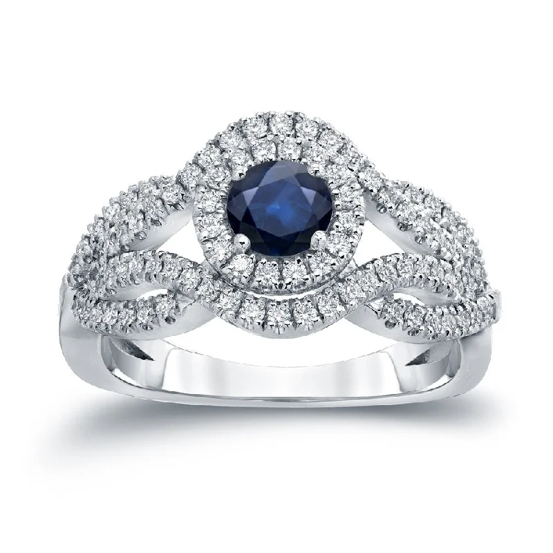 retro pearl ring-Auriya Infinity 1/2ct Round Blue Sapphire and 1/2ct TDW Diamond Halo Engagement Ring 14k Gold