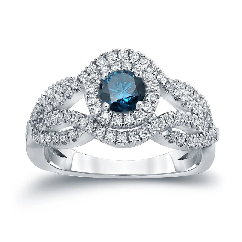 bicolor promise ring-Auriya Infinity 1ct TDW Round Blue Diamond Halo Engagement Ring 14k Gold