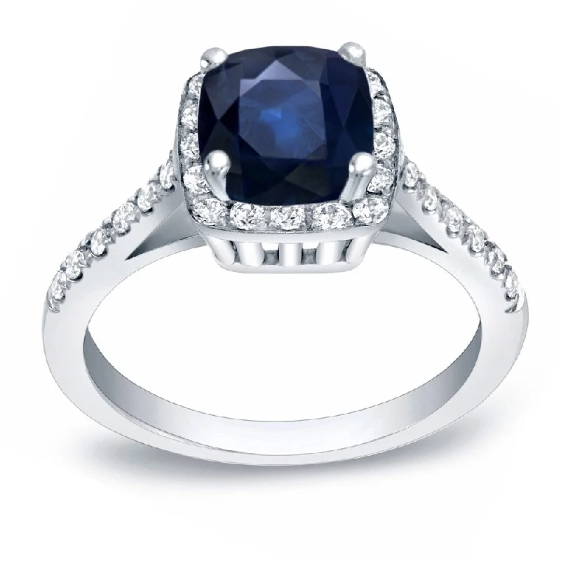 retro sapphire ring-Auriya Modern Cushion-Cut 1 1/2ct Blue Sapphire and 1/4ct TDW Diamond Halo Engagement Ring 14k Gold (H-I, SI1-SI2)