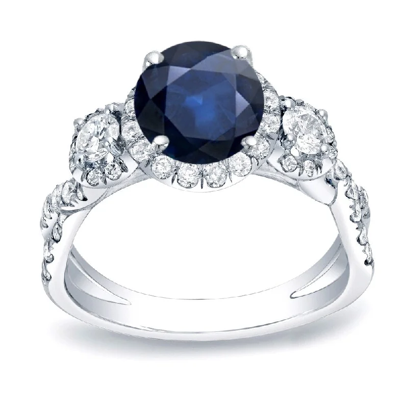 wanderlust chic ring-Auriya Modern Twisted Split-Shank 1ct Sapphire and 1ct TDW 3-Stone Diamond Halo Engagement Ring 14K Gold (H-I, SI1-SI2)