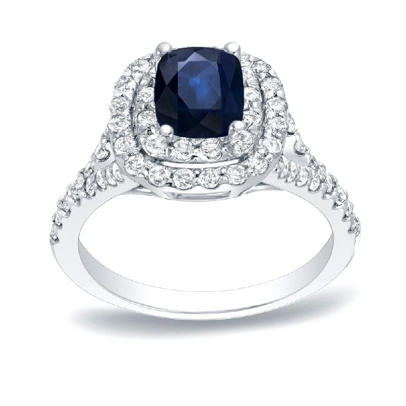 leafy frond ring-Auriya Platinum 1/2ct Blue Sapphire and 3/4ct Halo Diamond Engagement Ring (H-I, SI1-SI2)