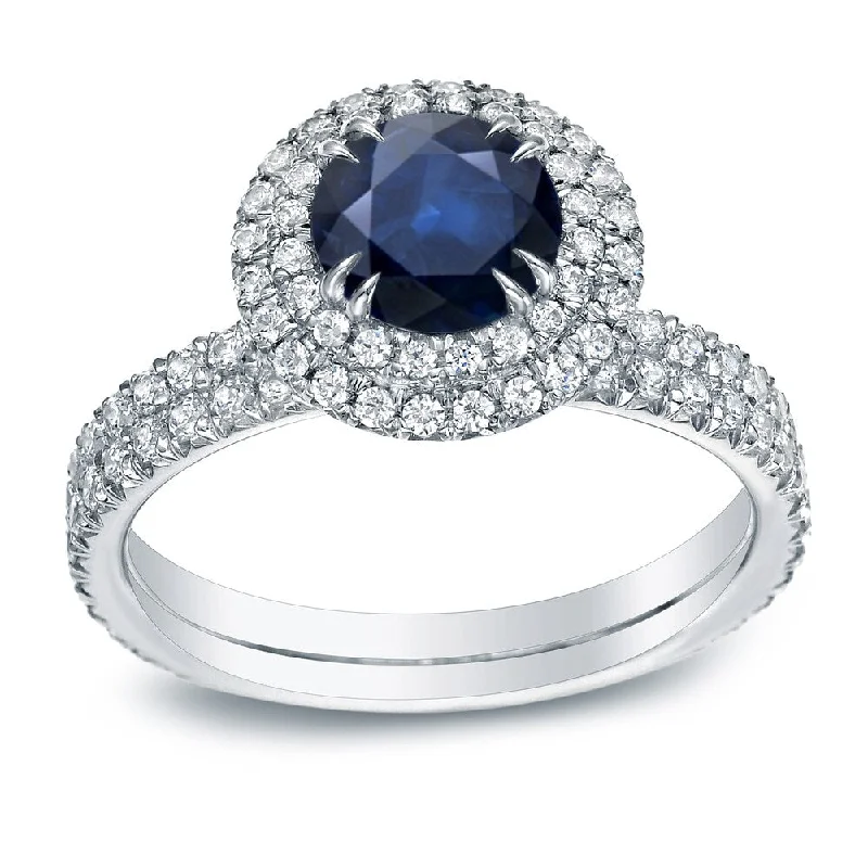 bendable infinity ring-Auriya Platinum 3/4ct Blue Sapphire and 1ct TDW Round Cut Halo Diamond Engagement Ring