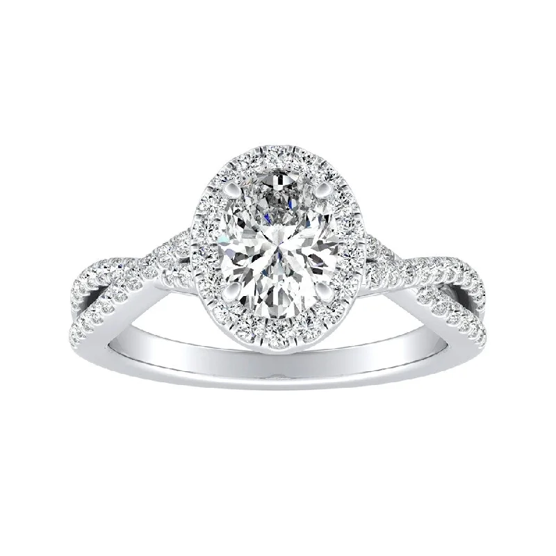 heavy statement ring-Auriya Platinum Twisted Oval-cut 1ctw Halo Diamond Engagement Ring