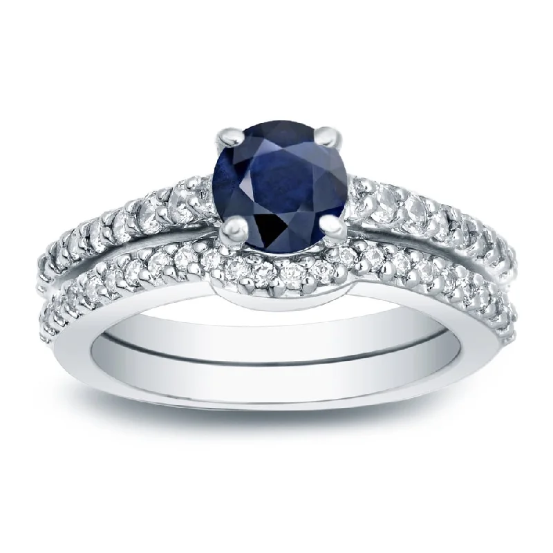 faceted stone ring-Auriya Round 1/2ct Blue Sapphire and 1/2ct TW Diamond Engagement Ring 14K Gold