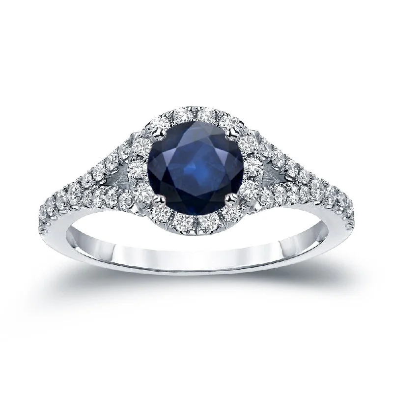 bendable birthstone ring-Auriya Round 1ct Blue Sapphire and 1/2ctw Halo Diamond Engagement Ring 14k Gold