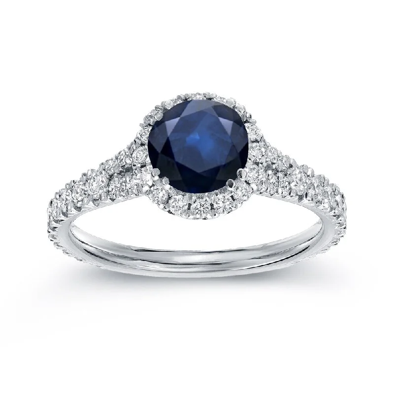 knotted gold ring-Auriya Round 1ct Blue Sapphire and 3/5ctw Halo Diamond Engagement Ring 14k White Gold (H-I, SI1-SI2)