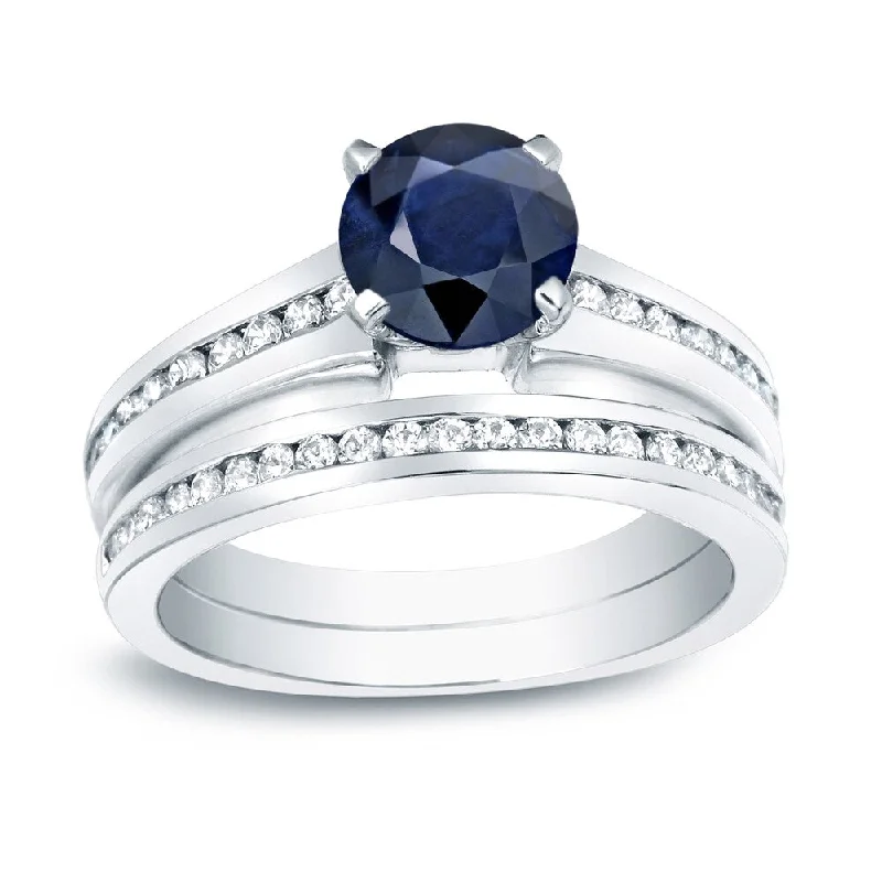 frond band ring-Auriya Round 3/4ct Blue Sapphire and 3/4cttw Channel Diamond Engagement Ring 14K Gold