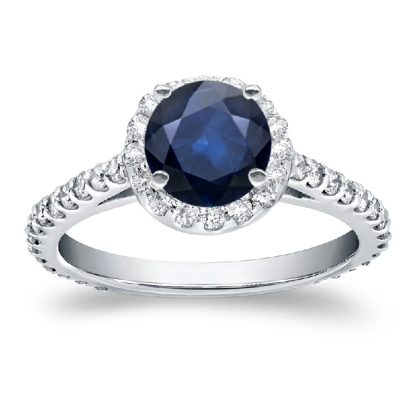 urban gemstone ring-Auriya Round 7/8ct Blue Sapphire and 3/5ct TDW Diamond Halo Engagement Ring 14k White Gold (H-I, SI1-SI2)