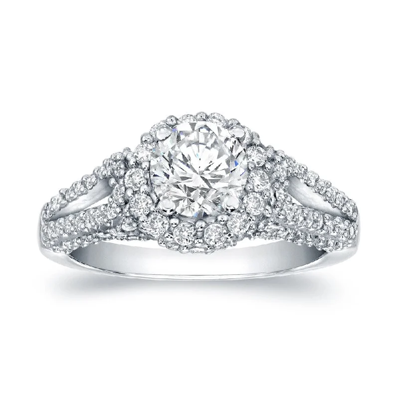 pewter eternity ring-Auriya Unique 1 1/2ct TDW Round Diamond Halo Engagement Ring 14k White Gold