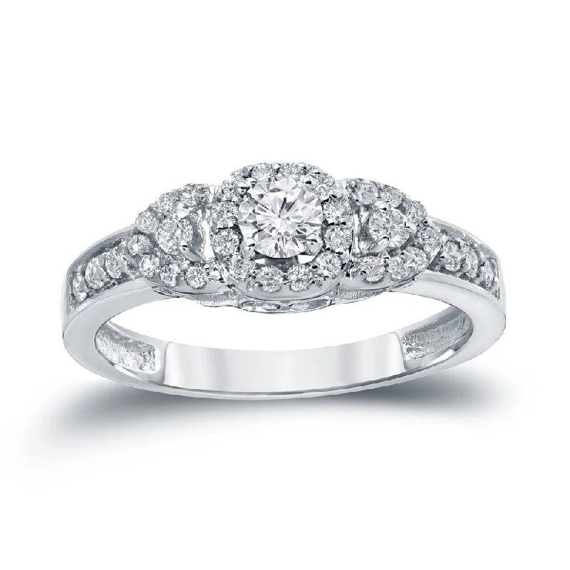 elegant stacking ring-Auriya Unique 1/2ct TDW Round 3-Stone Diamond Halo Engagement Ring 14k Gold