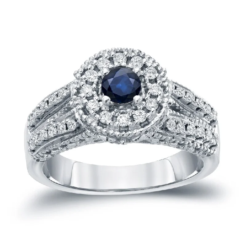 marquise cut diamond ring-Auriya Vintage 1/5ct Blue Sapphire and 1/2ctw Halo Diamond Engagement Ring 14kt Gold Split Shank (H-I, I1-I2)