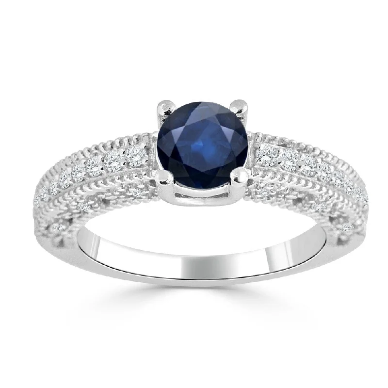 uncut gold ring-Auriya Vintage 3/4ct Blue Sapphire and 1/3ctw Diamond Engagement Ring 14K Gold