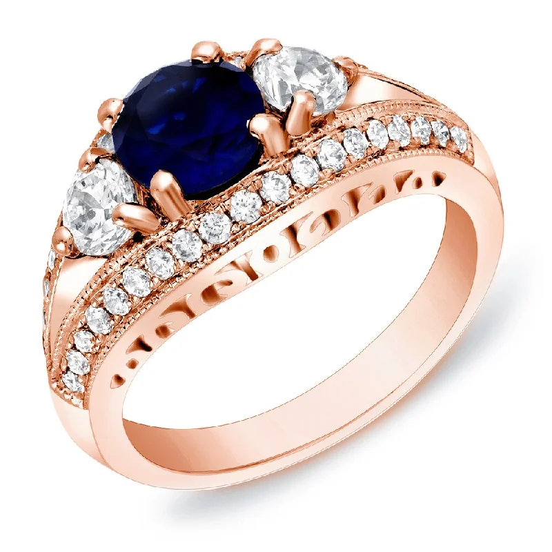 wanderlust garnet ring-Auriya Vintage 3-Stone 1ct Blue Sapphire and 1/2ct TDW Diamond Engagement Ring 14k Rose Gold