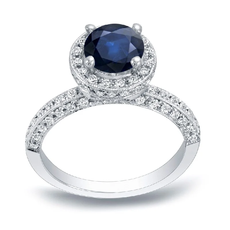 leafy-themed ring-Auriya Vintage Round 3/4ct Blue Sapphire and 1/2ct TDW Diamond Halo Engagement Ring 14K Gold (H-I, SI1-SI2)