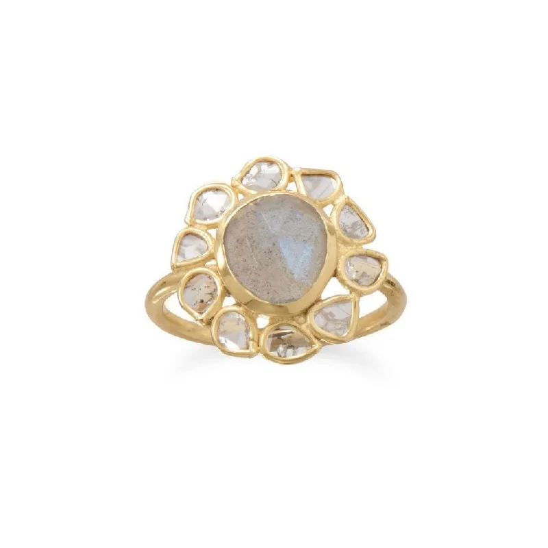 flow gemstone ring-Curata 14k Gld Plated 925 Sterling Silver Polki Diamond and Labradorite Ring an 8mm X 9mm Freeform at Center F