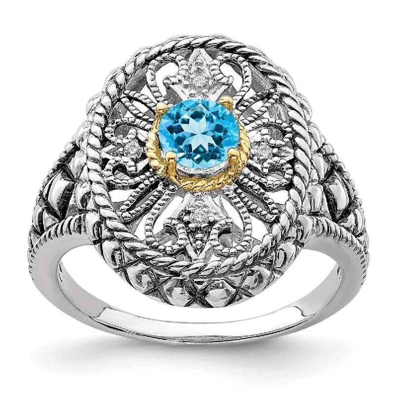 luxurious cocktail ring-Curata 14k Gold and 925 Sterling Silver Polished Blue Topaz And CZ Cubic Zirconia Simulated Diamond Filagree Oval Fancy Ring