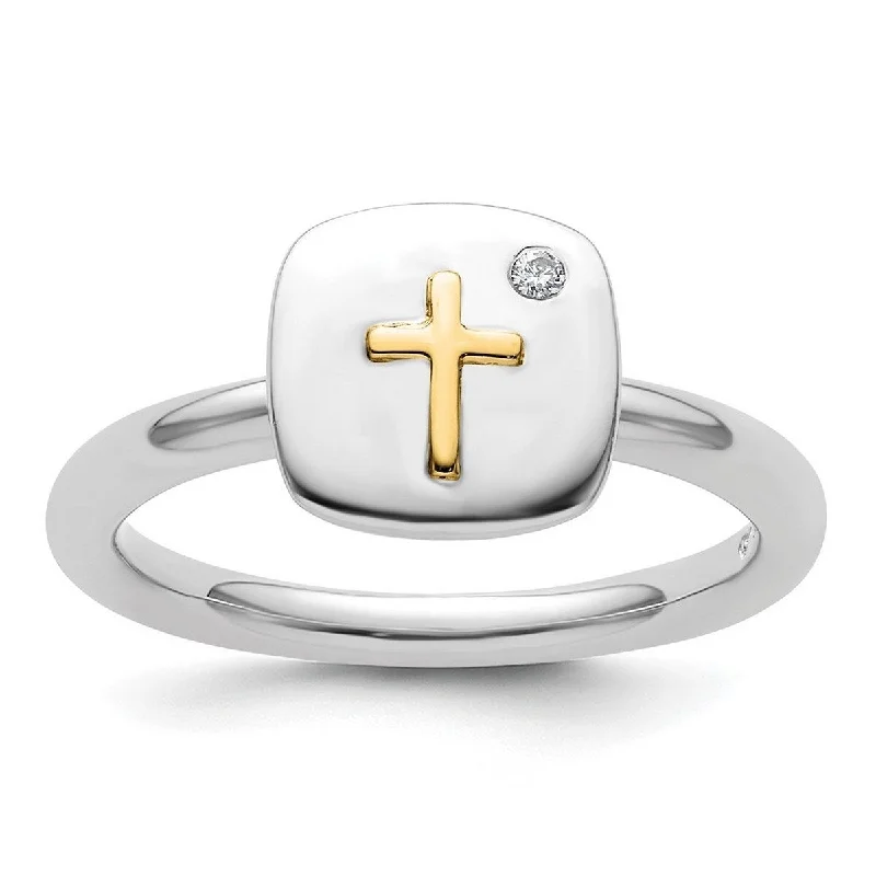 chiseled silver ring-Curata 2.25mm 925 Sterling Silver and 14k Religious Faith Cross Stackable Expressions Diamond Ring