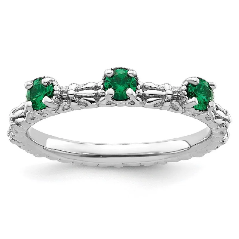 pewter band ring-Curata 2.5mm 925 Sterling Silver Polished Prong set Stackable Expressions Created Emerald Three Stone Ring