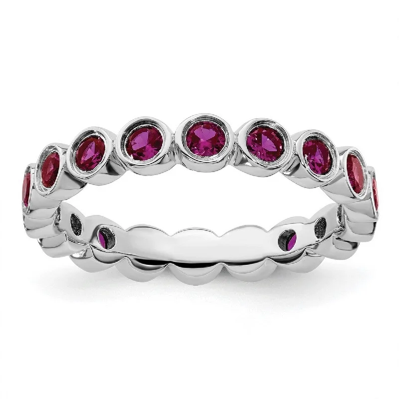 frond band ring-Curata 925 Sterling Silver Bezel Polished Patterned Stackable Expressions Created Ruby Ring