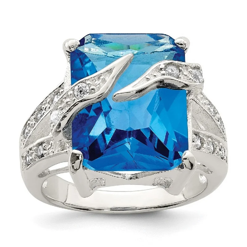 braided silver ring-Curata 925 Sterling Silver Polished Open back Blue and Clear CZ Cubic Zirconia Simulated Diamond Ring