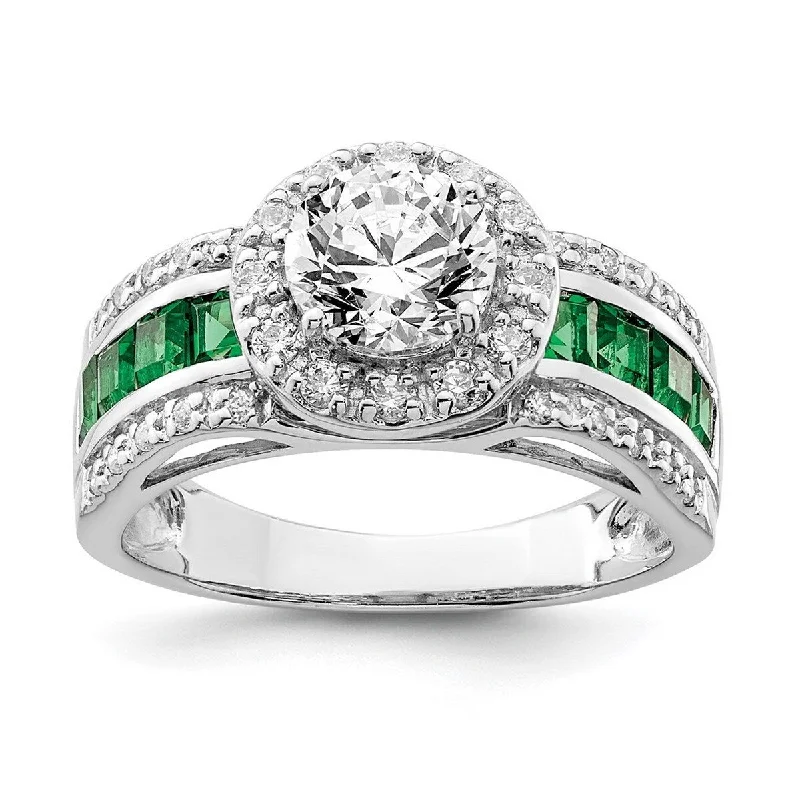 flow-shaped band ring-Curata 925 Sterling Silver Polished Open back CZ Cubic Zirconia Simulated Diamond and Labcreated Emerald Ring