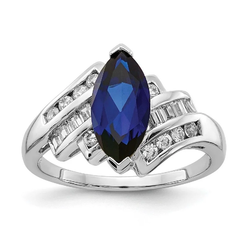 frond sapphire ring-Curata 925 Sterling Silver Polished Open back Simulated Blue Sapphire and Cubic Zirconia Marquise Ring